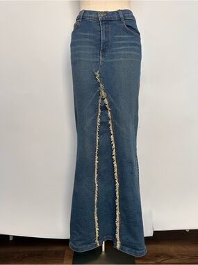 Denim Maxi Skirt with Frayed Front Slit - Blue
